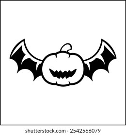 Ilustración de diseño de Vector de una silueta de calabaza con alas de murciélago en blanco y negro Adecuado para logotipos, íconos, carteles, anuncios, Anuncios, empresas, diseños de camisetas, pegatinas, Sitios web