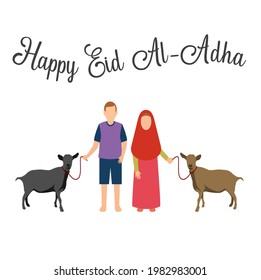 Vector design illustration of the Qurban holiday theme with two small children carrying sacrificial animals