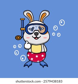 vector design illustration of a rabbit mascot wearing swimming goggles and diving