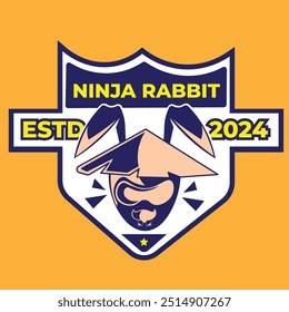 Ilustración de diseño de Vector de una insignia de ninja de conejo con un ninja de conejo a todo color y estilo simple. conveniente para logotipos, iconos, carteles, anuncios, Anuncios, empresas, diseños de camisetas, pegatinas