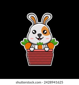 ilustración vectorial de un conejo de pie en una cesta llena de zanahorias
