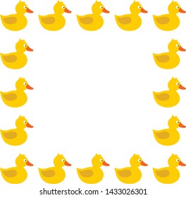 Vector design. Illustration with Rubber duck. Yellow and orange, with wing, tale, beak and eye. Frame template with space for text for cards, invitations, blog post. 