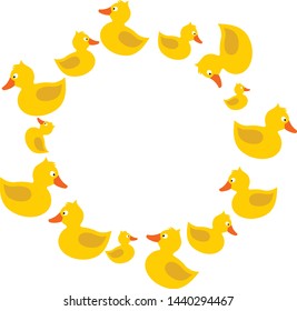 Vector design. Illustration with Rubber duck. Yellow and orange, with wing, tale, beak and eye. Frame template with space for text for cards, invitations, blog post.  