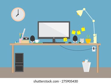 vector design illustration set of modern workplace in room, digital devices, office objects with notepad