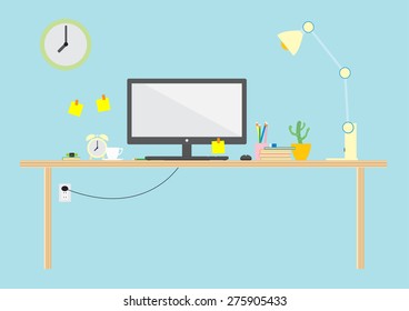 vector design illustration set of modern workplace in room, digital devices, office objects with notepad