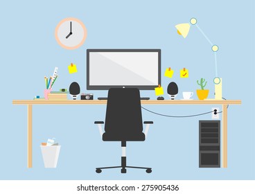 vector design illustration set of modern workplace in room, digital devices, office objects with notepad