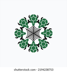 Vector design illustration of several turtles forming a circle formation. Cobweb in the middle