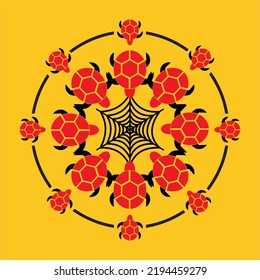 Vector design illustration of several turtles forming a circle formation. Cobweb in the middle. This design can be used for Textile motif
 design business.
