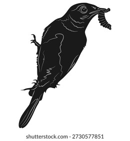 Ilustración de diseño de Vector de una silueta de un pájaro posado en un árbol comiendo una oruga