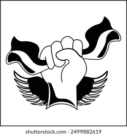 Ilustración del diseño del Vector de la silueta de una mano que sostiene una bandera con las alas en blanco y negro. conveniente para los logotipos, los iconos, los carteles, los anuncios, los Anuncios, las compañías, los diseños de la camiseta, las pegatinas, 