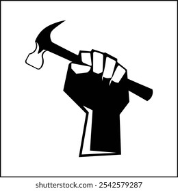 vector design illustration of the silhouette of a hand and hammer in black and white. suitable for logos, icons, posters, advertisements, banners, companies, t-shirt designs, stickers, websites