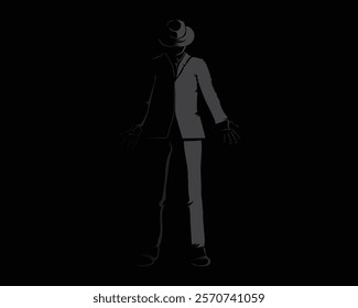 vector design illustration of the silhouette of a man in a suit wearing a hat standing straight while stretching out his arms on a black background