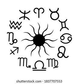 Vector Design Illustration Silhouette Symbol Sun and Zodiacal Circle Occulture