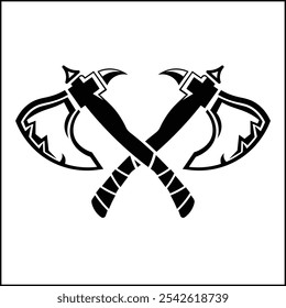 vector design illustration of the silhouette of two crossed axes in black and white. suitable for logos, icons, posters, advertisements, banners, companies, t-shirt designs, stickers, websites.