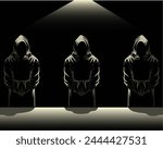 vector design illustration of silhouettes of three people wearing black robes with head coverings standing under the light of a lamp and in front of the three of them there is an altar or table