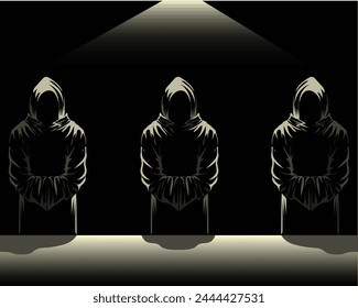 Ilustración de diseño de Vector de siluetas de tres personas con túnicas negras con revestimientos para la cabeza de pie bajo la luz de una lámpara y frente a los tres de ellos hay un altar o mesa