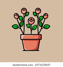 vector design illustration of small rose flower in pot, plain background.