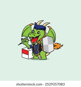 Vector design illustration of a smiling Green Dragon holding spikes and a shield with a traditional Indonesian theme on a white background