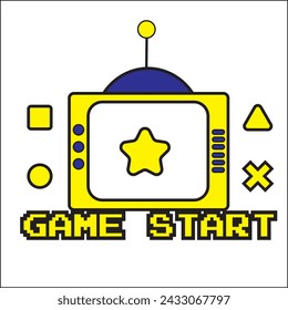 vector design illustration of start game with retro tv in yellow and blue colors. suitable for logos, icons, posters, advertisements, banners, companies, t-shirt designs, stickers, websites.