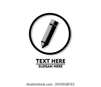 vector design, an illustration of a stationery symbol or logo that looks like a black and white pencil inside a circle with the words TEXT HERE and SLOGAN HERE