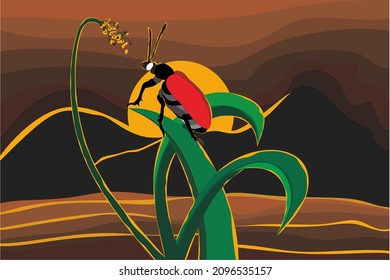 vector design illustration of sunset scenery and beetle sighting
