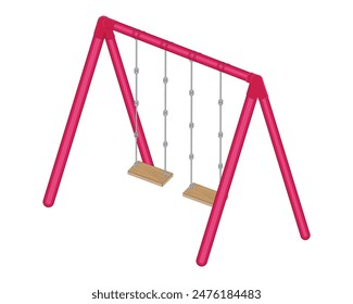 Diseño de Vector de una ilustración de un columpio comúnmente encontrado en patios de recreo para niños hechos de hierro rojo y dos bancos sentados de madera con cadenas colgantes