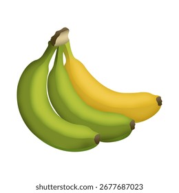 Ilustración de diseño de Vector de tres plátanos en colores verde y amarillo.