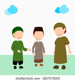ilustración de diseño vectorial de tres niños musulmanes sonrientes y felices con ropa de piedad

