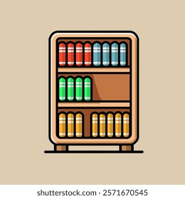 vector design illustration of three-story bookshelf made of wood, plain background.