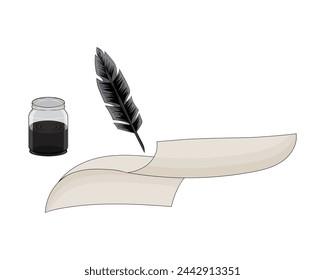 vector design, an illustration of tools for writing, including a pen made from bird feathers, then there is pale white paper and there is a bottle or glass filled with black liquid ink.