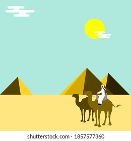 ilustración de diseño vectorial de dos camellos y un jinete sobre el fondo de las tres pirámides durante el día y el calor bajo el sol caliente

