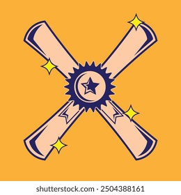 vector design illustration of two crossed graduation certificates with peach and blue colors and an orange background. suitable for logos, icons, posters, advertisements, banners, companies, t-shirt.
