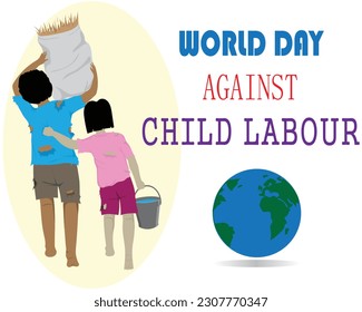 vector design of an illustration of two little boys and girls working the boy lifting sacks and the girl carrying buckets specially designed for WORLD DAY AGAINST CHILD LABOUR