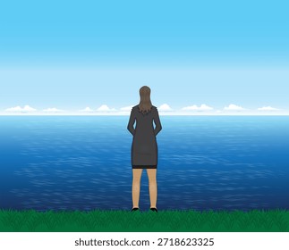 Vektordesign-Illustration mit Blick auf einen blauen Himmel und einen weiten Ozean mit einer Strecke von weißen Wolken und einer Frau in einem schwarzen Anzug mit Blick auf das Meer mit grünem Gras unter ihren Füßen