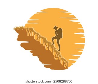 Diseño de Vector, una ilustración de una vista de la silueta naranja del sol y un escalador que parece caminar por una colina o montaña con las palabras MONTAÑA bajo sus pies