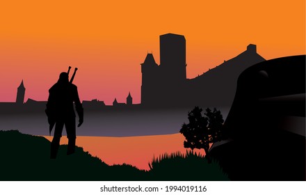 vector design illustration with village twilight background
