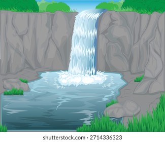 Ilustración de diseño de Vector de un paisaje de cascada rodeado de acantilados de roca gris con hierba y árboles escasos