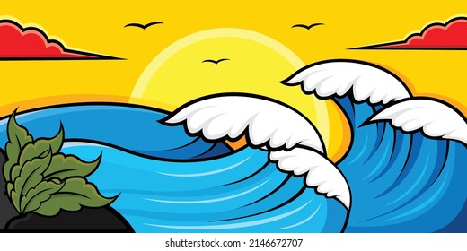 Diseño vectorial e ilustración de olas y atmósfera de playa