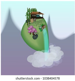 Vector design illustration for web design development, natural landscape graphics. China, PandaPanda, waterfall