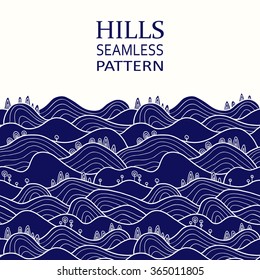  Vector design illustration for web design development, natural landscape graphics. Seamless border pattern with hills, fields and trees.
