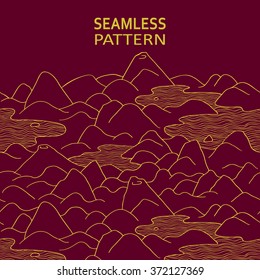Vector design illustration for web design development, natural landscape graphics. Seamless border pattern with hills, lakes and peaks.