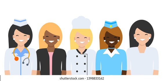 Vector design illustration womans character.Doctor woman . Professional uniform. On a white background. Different professions. Doctor, stewardess, cook, office worker