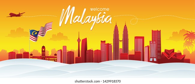 Diseño de vectores Ilustración de la ciudad de Kuala Lumpur y bandera de Malasia. Concepto de Malasia Travel. Bienvenidos a Malasia.