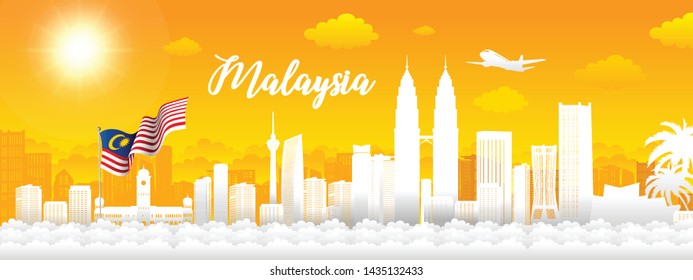 Vector design Ilustration of city of Kuala Lumpur and Malaysia flag. Malaysia Travel concept. Welcome to Malaysia.