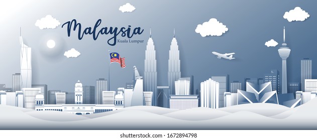 Vector design Ilustration of city of Kuala Lumpur and Malaysia flag. Malaysia Travel concept. Welcome to Malaysia.