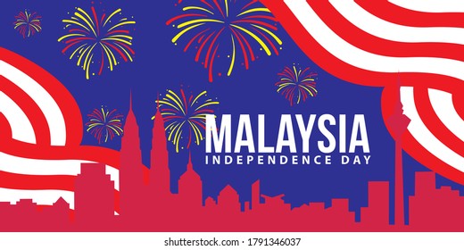Diseño de vectores Ilustración de la ciudad de Kuala Lumpur y bandera de Malasia. Día de la Independencia de Malasia