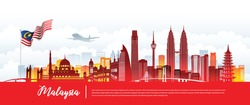 Vector design Ilustration of city of Malaysia landmark, Kuala Lumpur and flag. Malaysia Travel concept.