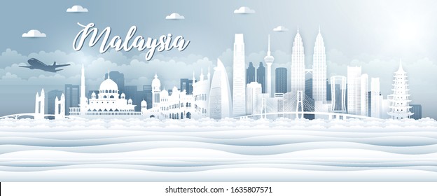 Vector design Ilustration of city of Malaysia landmark, Kuala Lumpur and flag. Malaysia Travel concept.