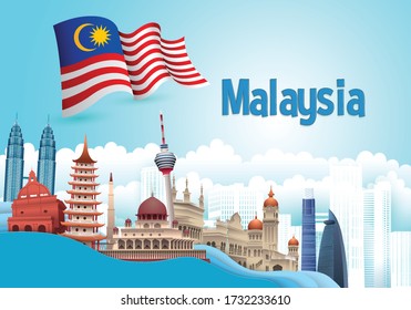 Vector Design Ilustration Of City Of Malaysia Landmark, Kuala Lumpur And Flag. Malaysia Travel Concept.
