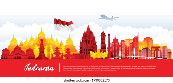 Vector design Ilustration of Indonesia landmark and flag. Indonesia garden theme and travel concept.